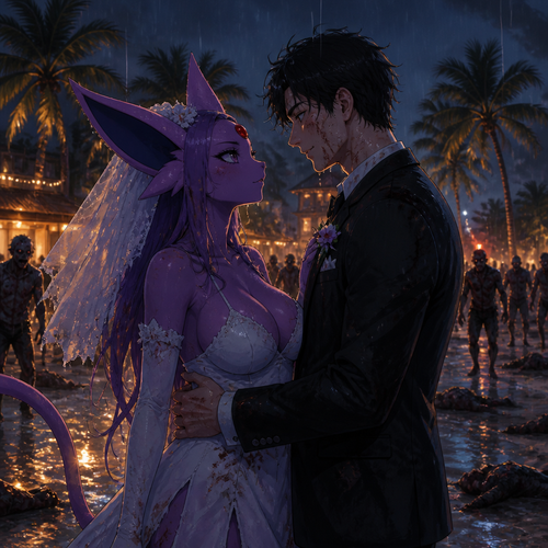 In this reality, at the wedding right before everything was perfect but then after the zombies came crashed and ruined the party became a blood bath. A busty adult female Espeon the bride and her adult human groom as husband and wife stand bye side together and face the living dead at night. A well-made animimated version. A modern life. On a tropical island resort. Gotten all wet by the rain. Love and support each other. Looking at each other with hope and still alive. Side view.