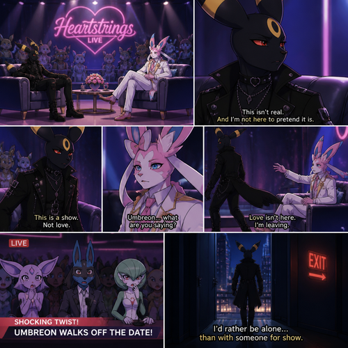 In a well-made anthro Pokemon universe, an non-rich grown male half gothic Umbreon refuses to accept the sham date with a grown richest male Sylveon (the Barron) on a live dating fantasy show (in modern life) and decided to leave because love isn’t here. A well-made animated version.