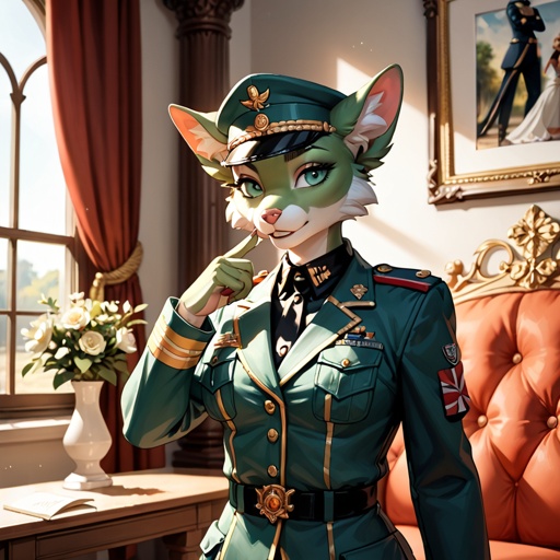 A beautiful female prototype with dark green skin, military uniform, military posture, inside a military base, well done, perfect photo, very beautiful.