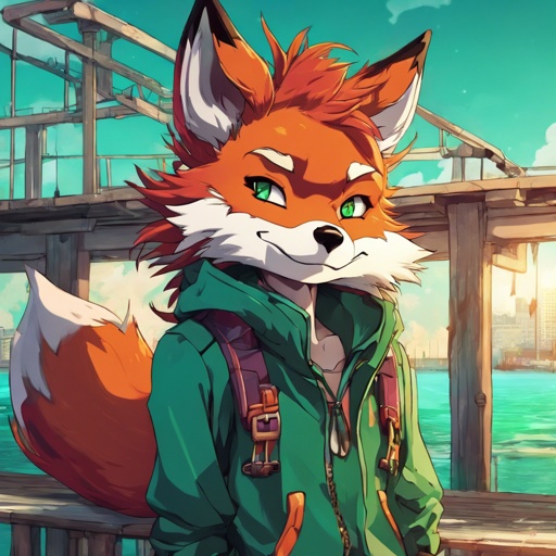 anthromorphic furry is a red-haired fox. The fur and the pier are disheveled, sleepy turquoise eyes with a long emerald, Height 150-160 cm.