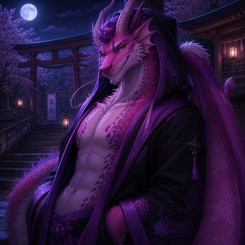 A well-made pink and purple furred grown homosexual male character, a lung dragon that wears a robe with a hoodie who sees you at the shrine by midnight.
