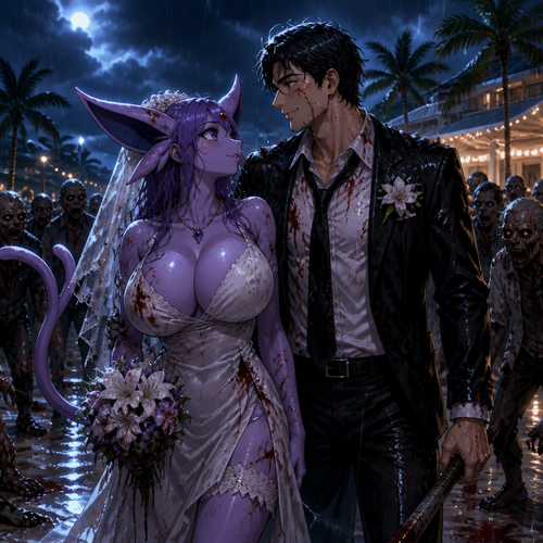 In this reality, at the wedding right before everything was perfect but then after the zombies came crashed and ruined the party became a blood bath. A busty adult female Espeon the bride and her adult human groom as husband and wife stand bye side together and face the living dead at night. A well-made animimated version. A modern life. On a tropical island resort. Gotten all wet by the rain. Front/side view. Love and support each other. Looking at each other with hope and still alive. 