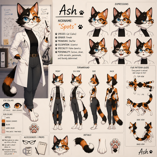 A beautiful female anthropomorphic calico cat with glasses and one blue eye and one orange eye, is a scientist, is named Ash, has the nickname Spots, animated version, reference sheet, shows all of her fur patterns