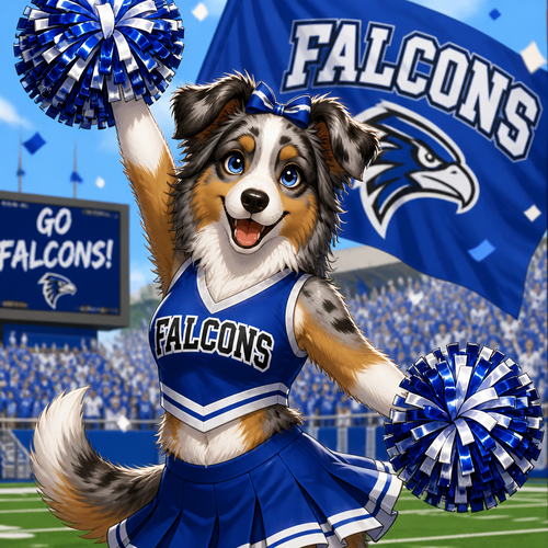A female Australian shepherd cheerleader in a blue and white uniform cheering for a team called the “Falcons”, animated style