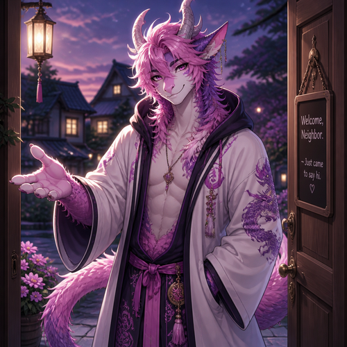 A friendly immortal alike femboy grown male character (well-made) lung Dragon with pink & purple fur that wears a robe with a hoodie who came to say hi as a friendly neighbor.