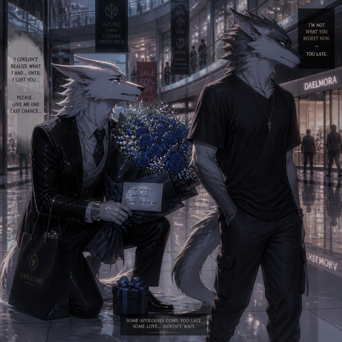 An arrogant billionaire male Sergal who brought gifts and flowers for an apology for the things he did/said by regret while begging forgiveness to an ex-boyfriend male Sergal that wears a necklace who’s not rich enough yet unhappy mood while looking away to ignore while walking away at the mall. A sad ending anime.