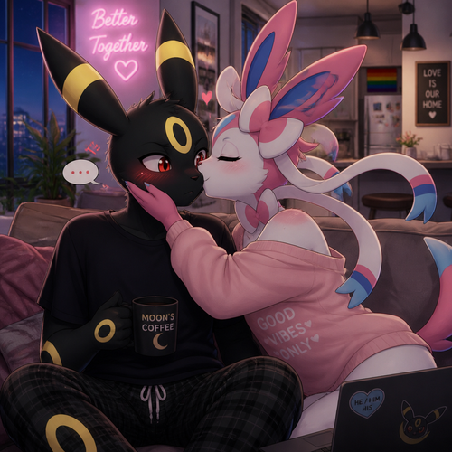 In an anthropomorphic universe, both young male adults couples living together in a modern apartment. Gay marriage. Animated verse. A shy Umbreon getting smooched by a gorgeous Sylveon that wears something comfortable.
