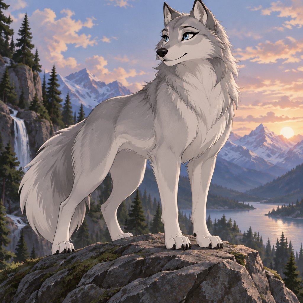 A beautiful female wolf with silver fur standing on a rock, animated style