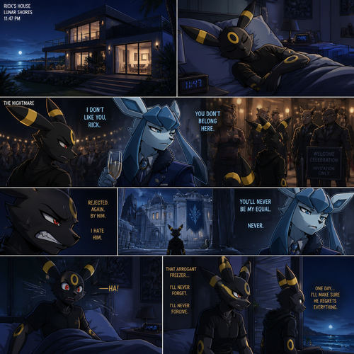 Rick (the non-rich Umbreon male) who lives in a small modern house at the beach. Sleeps in his bed at night while having a bad dream about the Barron (the wealthy Glaceon male) who still doesn’t like him while being rejected from a welcoming party. Well-made animated version. In an anthropomorphic universe. A modern life. Stubborn and smart also doesn’t like being annoyed. Despise the Barron.