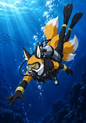 Cartoon fox furry scuba diver swimming underwater among bubbles and rocks.