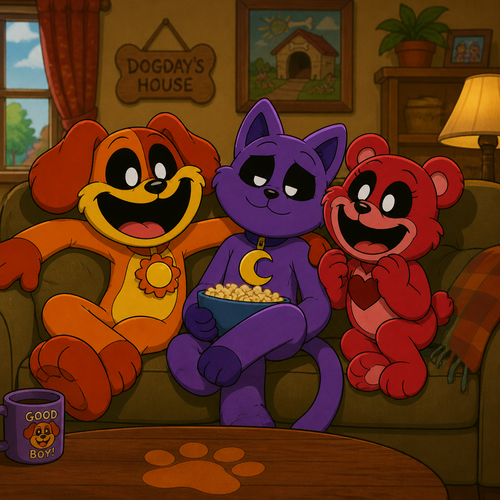 Dogday, Catnap, and Bobby Bearhug hanging out together on the couch in Dogday’s house animated 