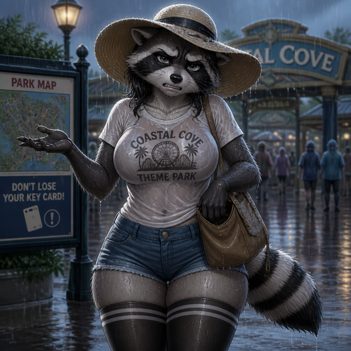 A well-made adult matured anthro female Raccoon character that wears a sun hat and a T-shirt who lost her key card unhappily annoyed. Has thigh highs and boobs. On a rainy day at the themed park. Well-animated version. All wet. Front view.