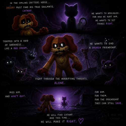 In Smiling critters verse, DogDay is here and must find his true soulmate Catnap, wants to apologize for how sorry and set things right. Trapped Into a void of darkness like a bad dream. Wants to end A broken friendship. Fight through the horrifying threats alone. Missis and won’t quit.