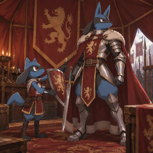 A male Riolu dressed up as a squire getting ready to hand a shield and sword to a male Lucario dressed up as a knight and truly is standing like the King he is. They are in a red tent with a golden Lion on a banner in the tent getting ready to go to war. Anime art style, full body.