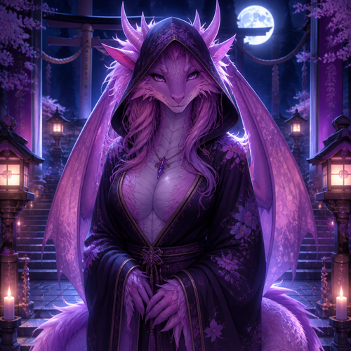 A well-made pink and purple furred dreamy grown female character, a lung dragon that wears a robe with a hoodie who sees you at a front view in the shrine by midnight.