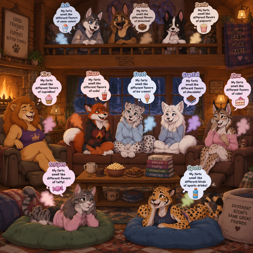 A female anthropomorphic fox named “Blaze” that has farts that smell like different flavors of soda, a female anthropomorphic Canadian lynx named “Jinx” that has farts that smell like different flavors of cake, a female anthropomorphic tabby cat named “Stripes” that has farts that smell like different flavors of taffy, a female anthropomorphic lion named “Kira” with a big mane and has farts smell like different flavors of cupcakes, a female anthropomorphic arctic fox named “Crystal” that has farts that smell like different flavors of chocolate, a female anthropomorphic border collie named “Jamie” that has farts that smells like different flavors of popcorn, a female anthropomorphic German shepherd named “Porsha” that has farts that smell like different flavors of brownies, a female anthropomorphic husky named “Ash” that has farts that smell like different flavors of snow cones, a female anthropomorphic cheetah named “Spots” that has farts that smell like different kinds of sports drinks, and a female anthropomorphic snow leopard named “Frost” that has farts that smell like different flavors of ice cream, they are in a cozy living room in a cabin, Kira is on a recliner on the left side of the couch, Blaze Frost and Crystal are on a couch, Jinx is on a recliner on the right side of the couch, Stripes Spots are on the floor on big cushions, Ash Porsha and Jamie are in the loft above everyone but still talking with everybody, everyone is letting out gentle farts, everyone is gossiping, animated version. 