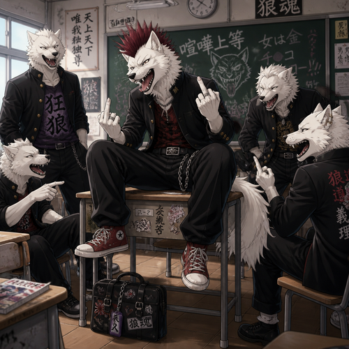 A high school aged delinquent white male dire wolf wearing a gakuran with a crimson spiked mohawk. He is sitting on a desk in the classroom surrounded by his friends, making perverse gestures and laughing at a crude joke. Anime art style, full body.