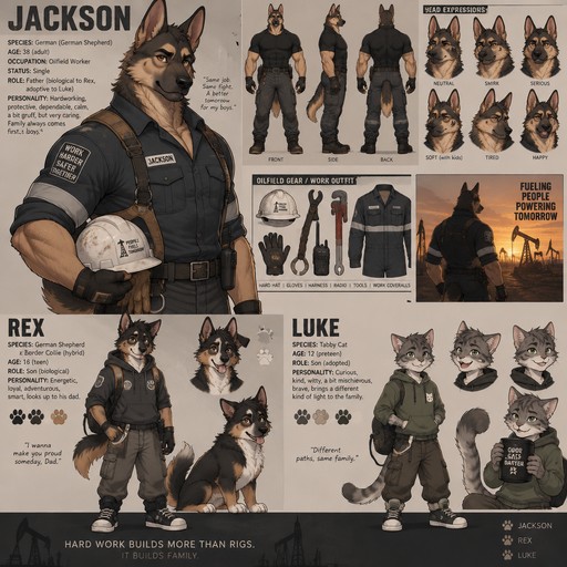 A muscular male anthropomorphic German named Jackson that has a son named Rex and a adopted son named Luke, is a oilfield worker, Rex is a German shepherd and border collie hybrid, Luke is a tabby cat, Jackson is single, reference sheet, one big picture