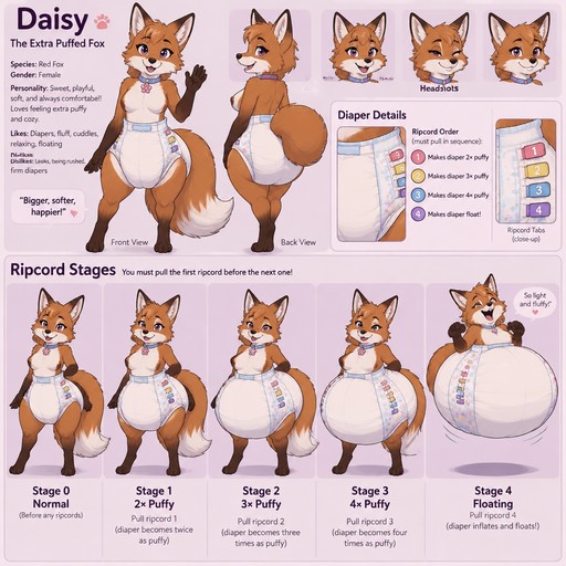 A female anthropomorphic fox named Daisy, wears a big puffy diaper, has a ripcord on her diapers that make them twice as puffy when she wants them to be, has a second ripcord that makes her diaper three times as puffy as normal, has a third ripcord that makes her diaper four times as puffy as normal, and a fourth ripcord that makes her diaper float, shows her diaper after all ripcord stages, has to pull the first ripcord before the next one, reference sheet