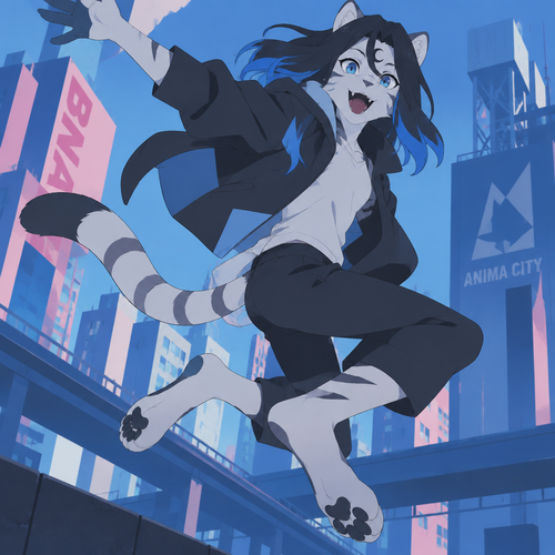 male, anthro, white tiger, long black hair with bright blue tips, black crescent on forehead, blue eyes, digitigrade footpaws, BNA Brand New Animal style, slim, jumping, happy
