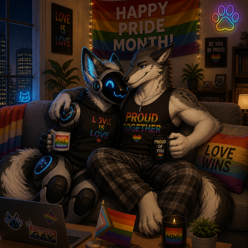 Today’s pride month. Two males lived together in apartment. A Protogen and a Sergal. Sitting together in a sofa.
