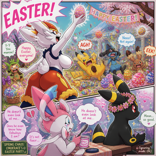 A busty well-made fluffy female Pokemon character, Cinderace. Who celebrates on today’s Easter Day and shouts, EASTER! And wrecking up a place like a crazy party gal while she knocked other terrified Pokemon by throwing eggs at them but A cute but creepy but a gay male Sylveon just as sad and irritating about being ignored by a male Umbreon while eating a healthy yogurt distracted and appreciated. All well-made characters. A dramatic and a funny comedy show. A comic views. Spring season. Side/back view.