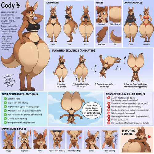 A curvy female anthropomorphic kangaroo named Cody that he helium filled thighs, can float with her thighs, floats upside down because of her center of mass, animated version, reference sheet, tells the pros and cons of helium filled thighs 