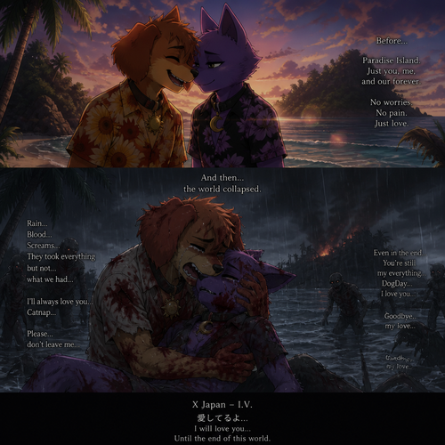 In this anthro critter verse, two soulmates; DogDay (the happiest doggo) and his boyfriend Catnap (the sweet heart) both on vacation while still in love with each other on a paradise island before, but then after the zombie apocalypse just started not long ago in a rain. Well-made anime version. Gay. A sad ending. Side view. The song; X Japan, I.V. 
