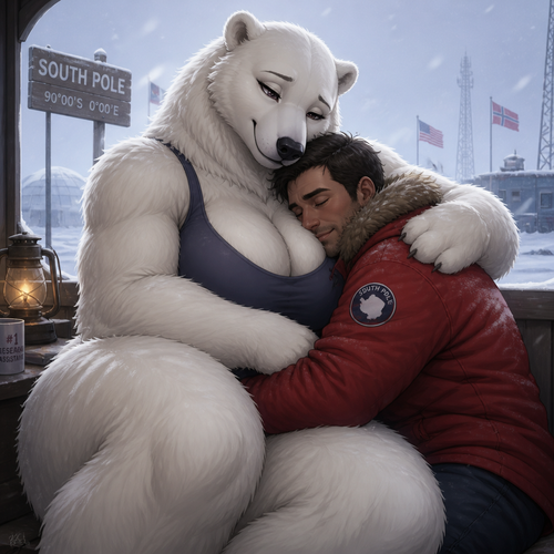 A busty well-made lovely anthro female polar bear that has thick thighs and thick fur who lives in a South Pole. Giving a man a gentle cuddle for warmth.