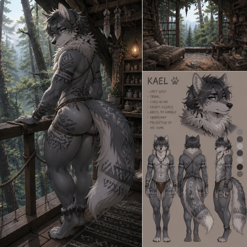 A well-made femboy grown male character, a tribal grey wolf tribal with thick thighs, wide hips, and big fuzzy butt also has fluffy neck who lives on top of a treehouse alone in a middle of a forest.
