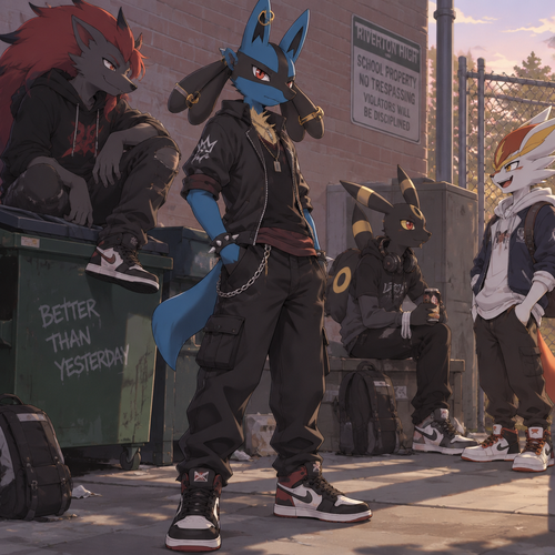 A high school aged male Lucario dressed as an American bad boy with gold piercings on his ear and aura feelers. He is hanging out with some friends behind the school. Anime art style, full body.