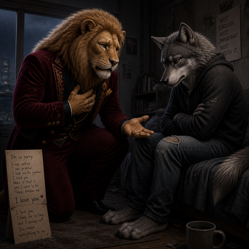 A (well-made grown anthropomorphic male character) rich Barron a Lion with a sad look that wears whatever he wears who came to see a unhappy non-rich anthro male grey Wolf for an apology for how he’s sorry and tell him he loves him and says his feelings for him because he’s gay.