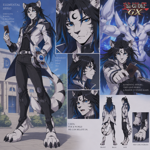 male, anthro, white tiger, long black hair with bright blue tips, black crescent on forehead, blue eyes, digitigrade footpaws, elemental hero, yugioh gx