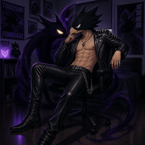 Tokoyami Fumikage wearing leather pants with a chain hanging off the right hip, shirtless showing off 16 pack of abs, and a leather jacket with shirt spikes on the shoulders of the jacket. He is sitting on a chair in his bedroom flirting with his quirk Dark Shadow who is male. Anime art style, full body.