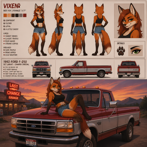 A beautiful female anthropomorphic fox lounging on the hood of a 1992 Ford F-250 with a Camper Special package and red and silver two tone paint, reference sheet, animated version