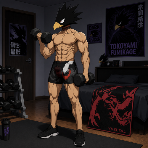 Tokoyami Fumikage wearing Darkrai themed shorts with a bulge, shirtless showing off 16 pack of abs, and black tennis shoes. He is in his bedroom lifting weights. On his bed is a Yveltal towel. Anime style, solo, full body.