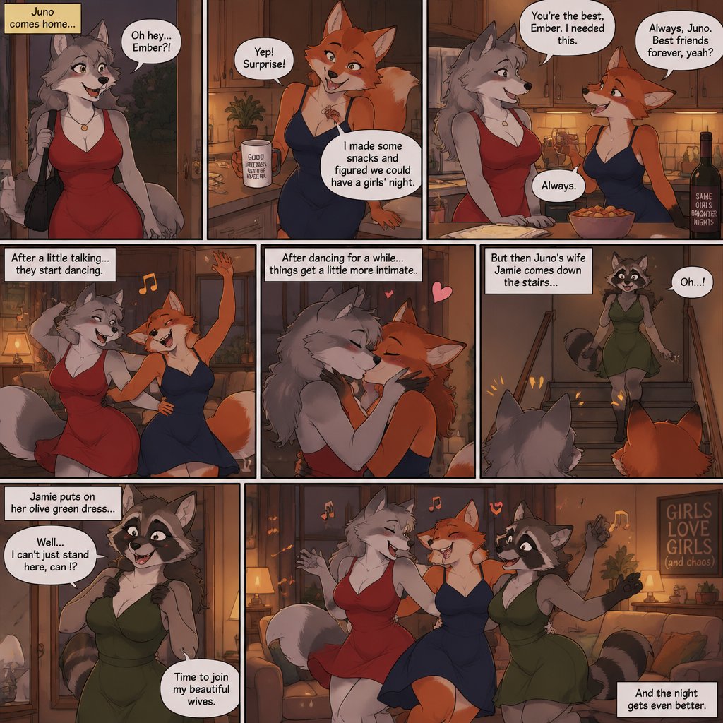 A multi panel comic about a female anthropomorphic wolf named Juno who is in a red dress and comes home to find her fox best friend Ember in a navy blue dress in her kitchen, after talking for a bit they start dancing together in the living room, after dancing for a while they kiss because they are both lesbian and are very goofy, after that Juno’s wife a female raccoon named Jamie comes down the stairs, Jamie’s reaction is to put on her olive green dress and dance with Juno and Ember, animated style