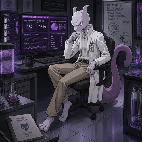 A young male Mewtwo wearing tan khaki pants, white button up shirt, and a lab coat. He is sitting at his computer in his laboratory looking at the data he has collected on hypnotizing humans. Anime art style, solo, full body.