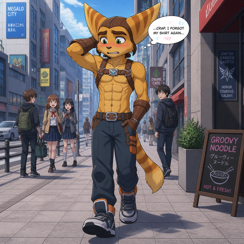 A high school aged Ratchet wearing his normal clothes but instead of a shirt it’s instead a leather harness with a 16 pack of abs showing. He is blushing and acting embarrassed by forgetting to put on a shirt. He is walking around a city. Anime art style, full body.