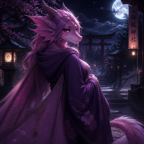 A well-made pink and purple furred grown female character, a lung dragon that wears a robe with a hoodie who sees you at the shrine by midnight.