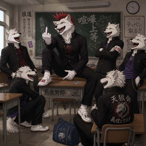 A middle school aged delinquent white male dire wolf wearing a gakuran with a crimson spiked mohawk. He is sitting on a desk in the classroom surrounded by his friends, making crude gestures and laughing at a crude joke. Anime art style, full body.