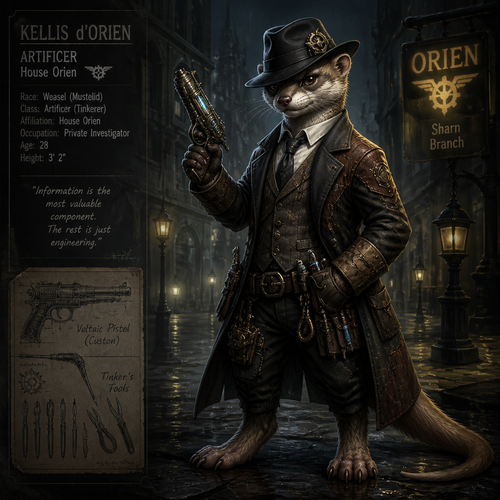 Weasel artificer in suit and fedora, eberron, male, late 20s, soft fur on forearms, patched leather armor, crafted pistol, tinker's tools, short small stature, digital art style, noir, detective