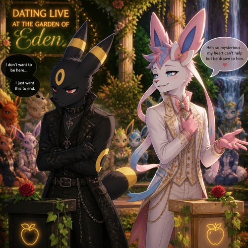 In a dating live show at the garden of Eden (a well-made animated version) a grown non-rich anthro Umbreon male that wears a gothic jacket that is unhappy and doesn’t want to be there and wanted to lose while a super rich grown anthro Sylveon male that wears some elegant clothes who likes him. In a well-made anthropomorphic Pokemon universe.