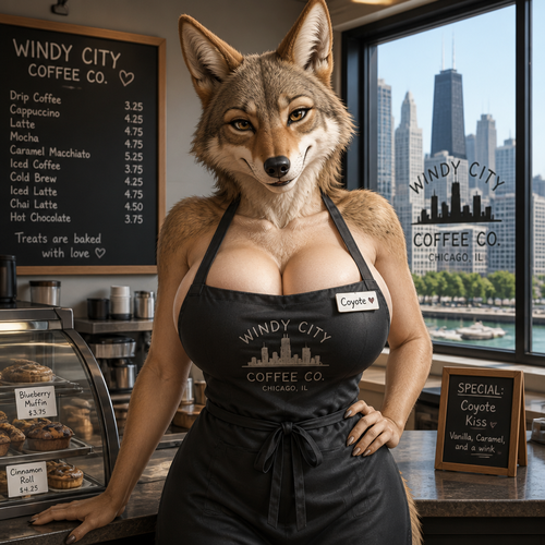 A busty grown female coyote that wears a apron and works at the cafe. Very well-made version. In a modern life. Lives in Chicago. Friendly and flirty. Front view.
