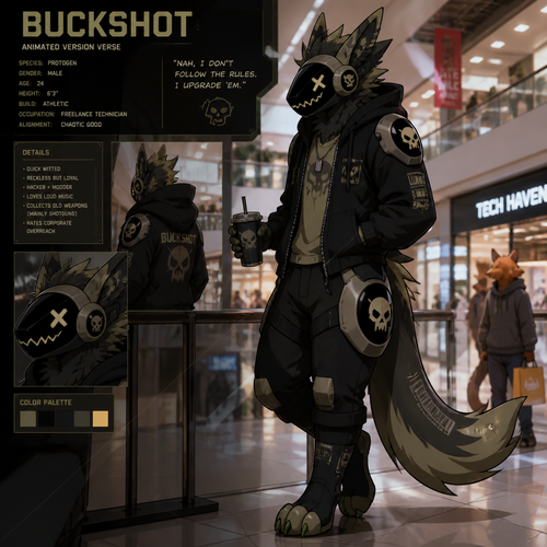 A well-made original character male Protogen at the mall. Buckshot. An animated version verse.