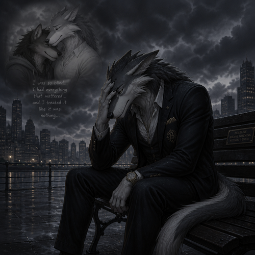 A shameful billionaire male Sergal just lost his non-rich male Sergal boyfriend and remembers how he regretted mindlessly not too long ago while sitting on a bench alone outside of a dark clouds in a city.