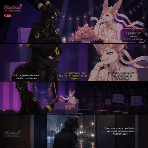 In a well-made anthro Pokemon universe, an non-rich grown brave male half gothic Umbreon named Noir refuses to accept the sham date with a grown richest male Sylveon (the spoiled careless Barron named Lysander) on a live dating fantasy show (in modern life) and decided to leave because love isn’t here. A well-made animated version. A sad but a good truthful ending. Side view.