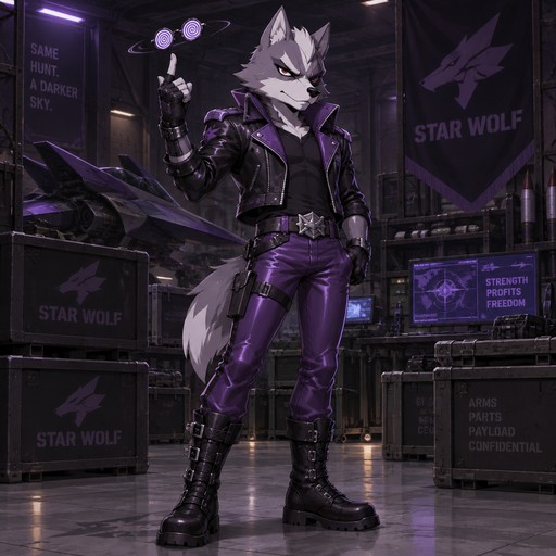 Wolf O’Donnell wearing a black with purple accents leather jacket and tight purple leather pants and black combat boots. He is standing in a secret Star Wolf warehouse, right hand raised spinning hypnotizing glasses with his index finger. Anime art style, full body.
