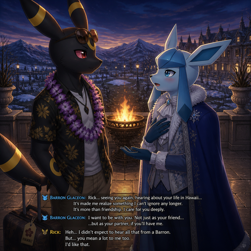In this anthro Pokemon universe, Rick the grown Umbreon (non-rich) just came from Hawaii where he lives, the Barron Glaceon is happily got a chance to see and tells Rick about his feelings, and wanted to be more than just friends at the brazier where the snow is gone. Well-made version and characters.
