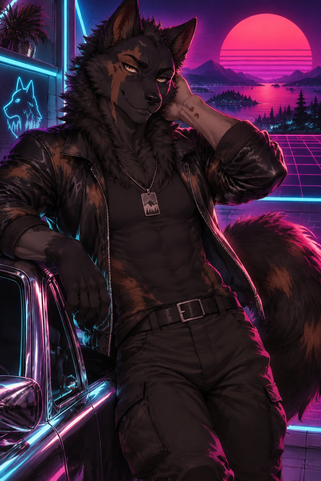 Anthropomorphic male Alexander Archipelago wolf, mid-to-late twenties, lean and athletic with fluffy cheeks, a thick neck ruff, and a bushy tail. Masculine build, confident and subtly teasing expression, half-lidded golden eyes, and a faint smirk. Coat is 90% coal-black with 10% scattered deep chocolate-brown patches, resembling a black-dominant tortoiseshell cat. A distinctive brown marking surrounds his right eye and drips down to his jaw like wet paint. A small horizontal brown semicolon (;) marks his left inner wrist.